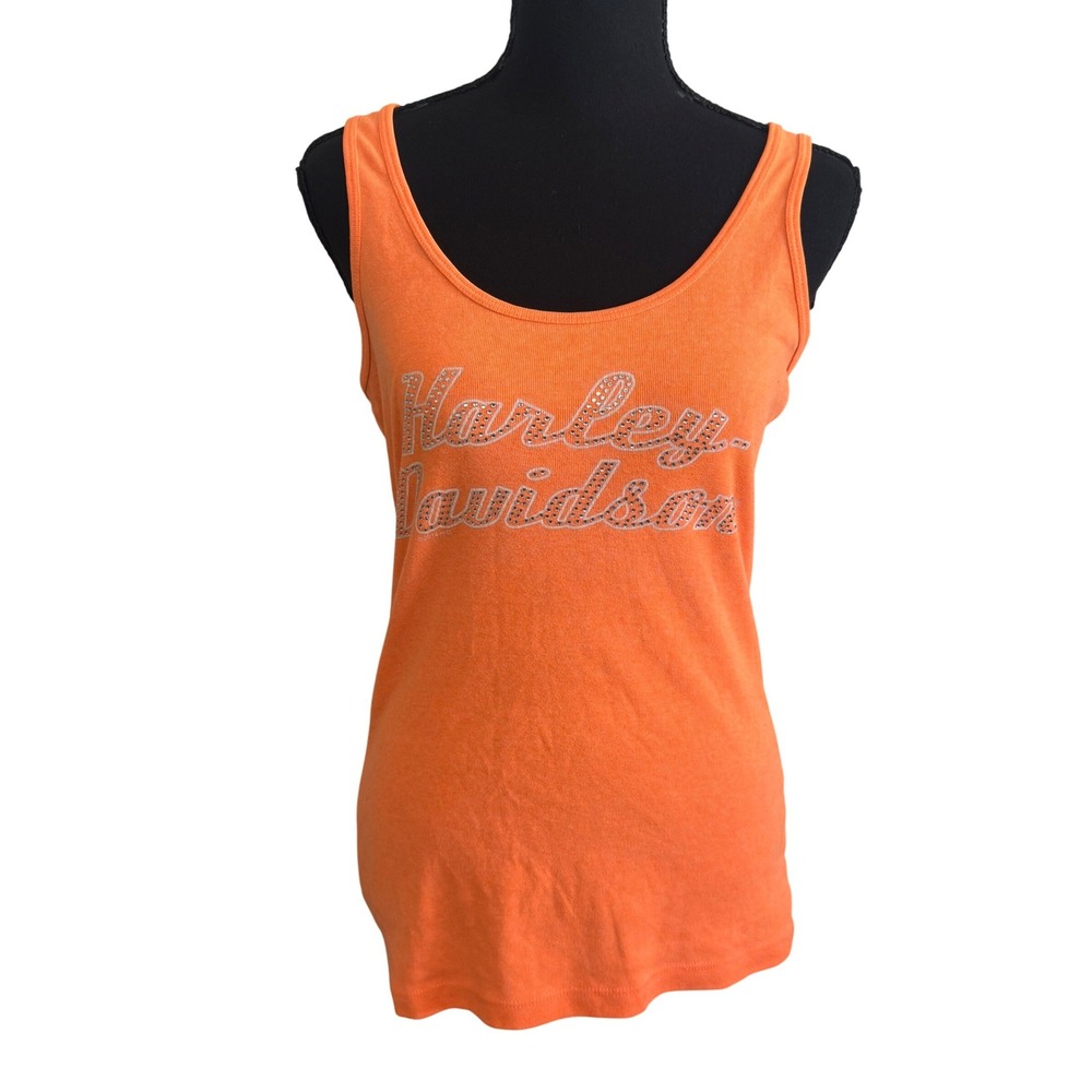 Harley-Davidson Womens Las Vegas Rhinestone Logo Racerback Tank Top Orange XL